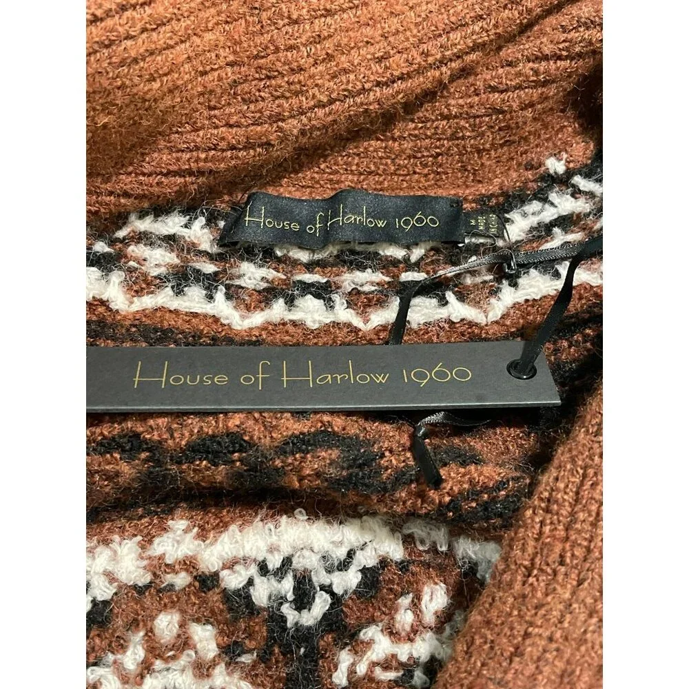 New House Of Harlow Denisia Fairisle Shawl Cardigan Medium Rust Aztec - Picture 10 of 10